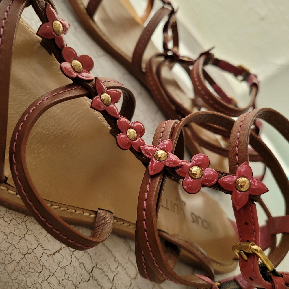 Authentic size 37 Louis Vuitton cage sandals brown leather & dark pink flowers - Picture 5 of 9
